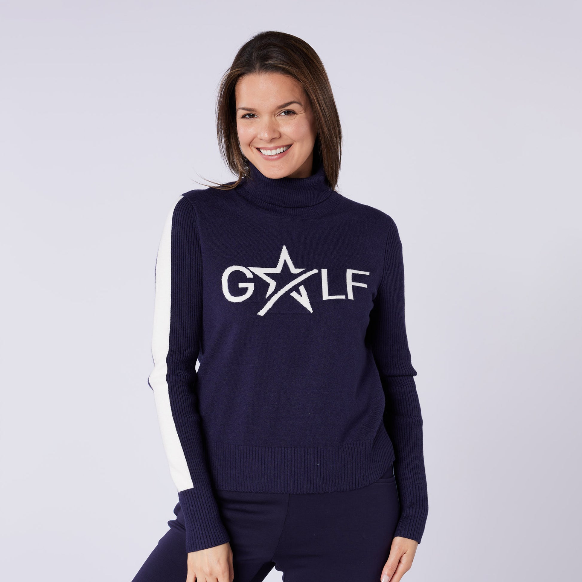 Swing Out Sister Womens 'Golf' Roll Neck with Ribbing in Navy & White