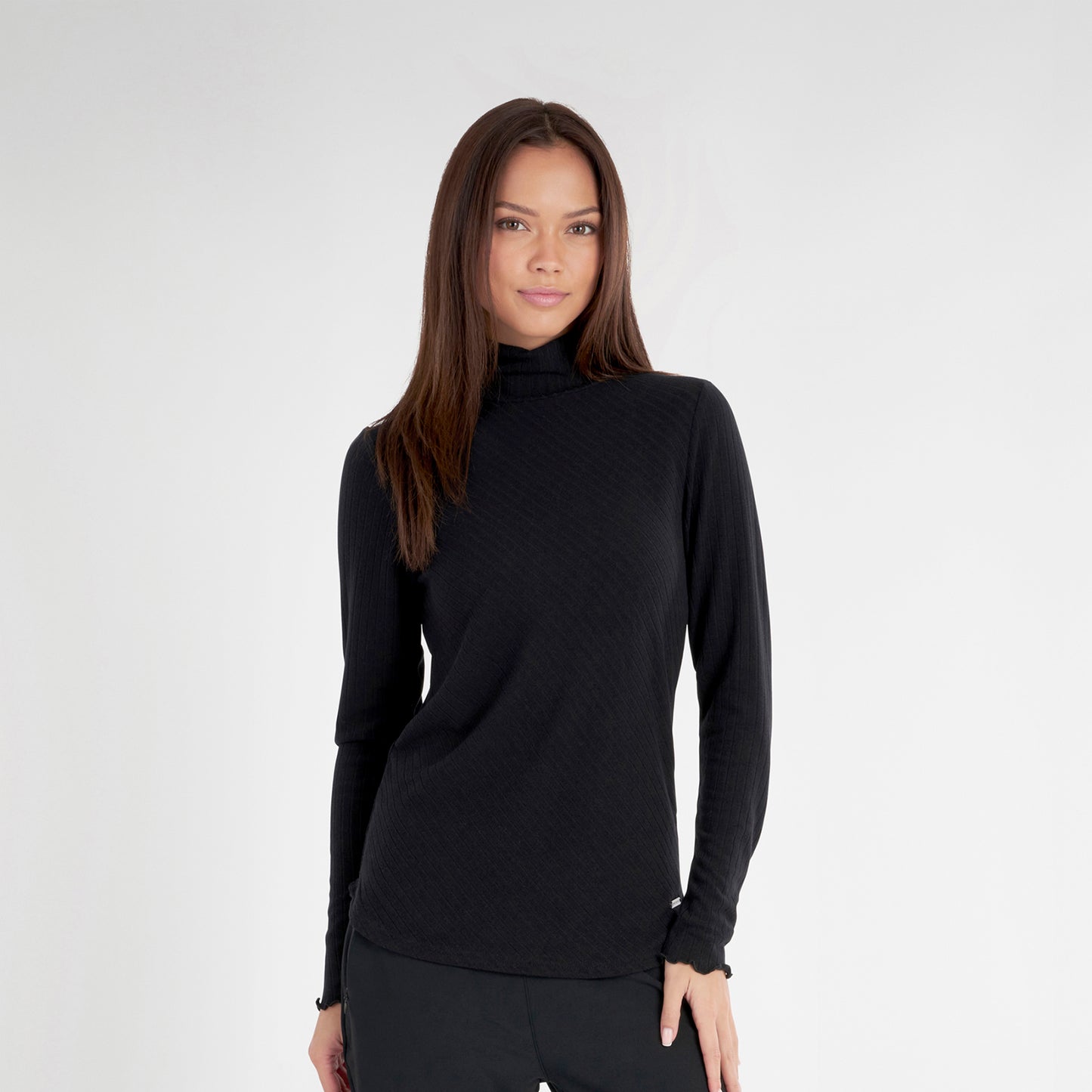 Green Lamb Womens Soft-Stretch Roll Neck in Black with Diagonal Rib Detail