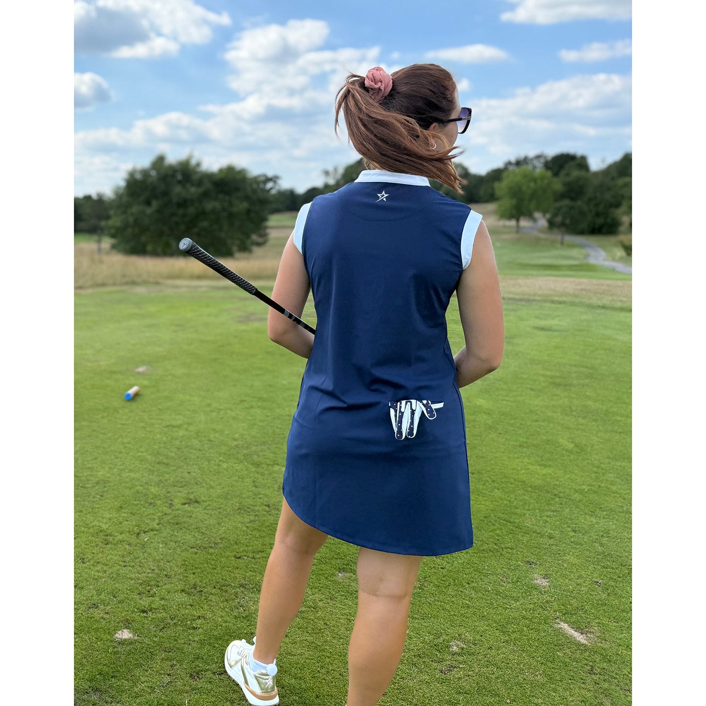 Swing Out Sister Navy Ladies Sleeveless Dress with Elegant Neckline & Standout Contrast Trim