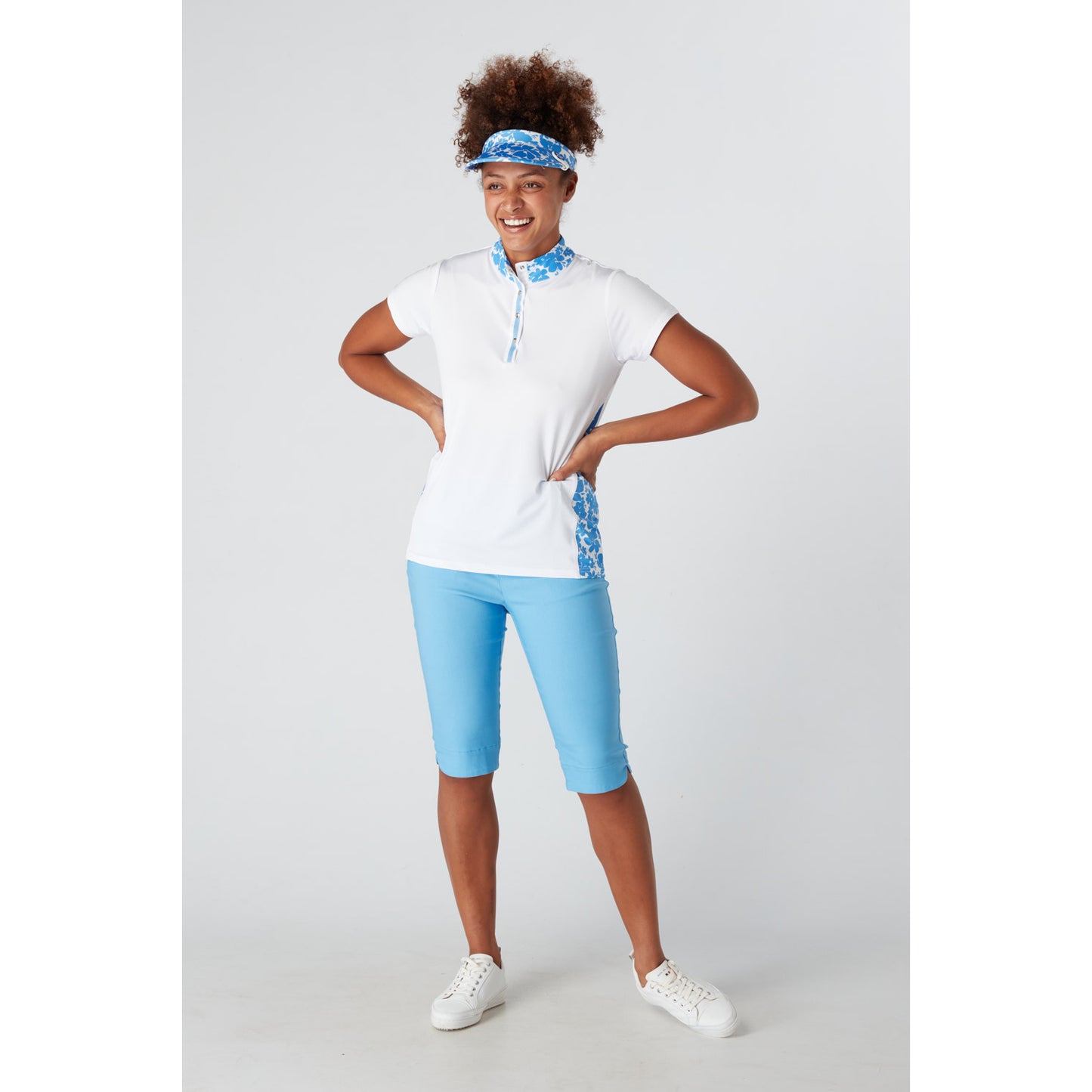 Swing Out Sister Ladies Cap Sleeve Polo with Print Panels in Optic White