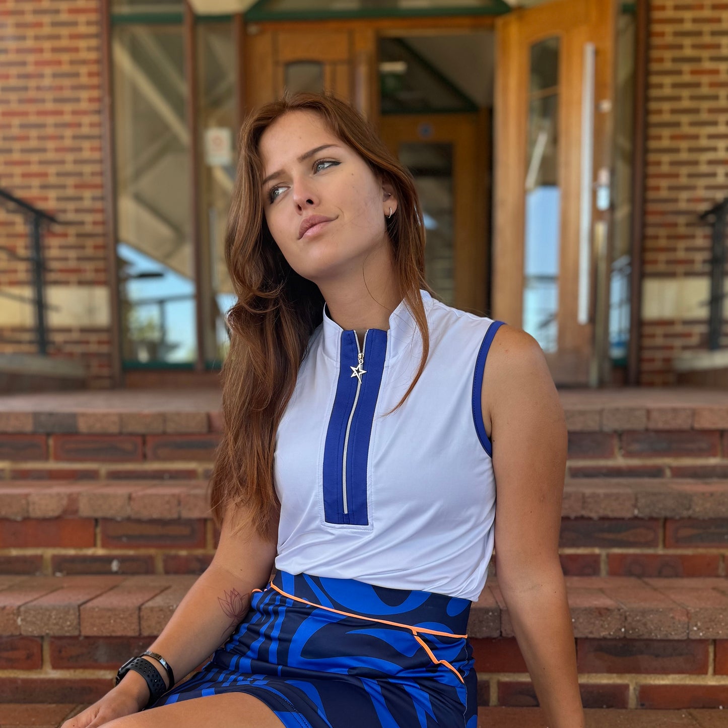 Swing Out Sister Ladies Zip-Neck Sleeveless Polo with Contrast Trim