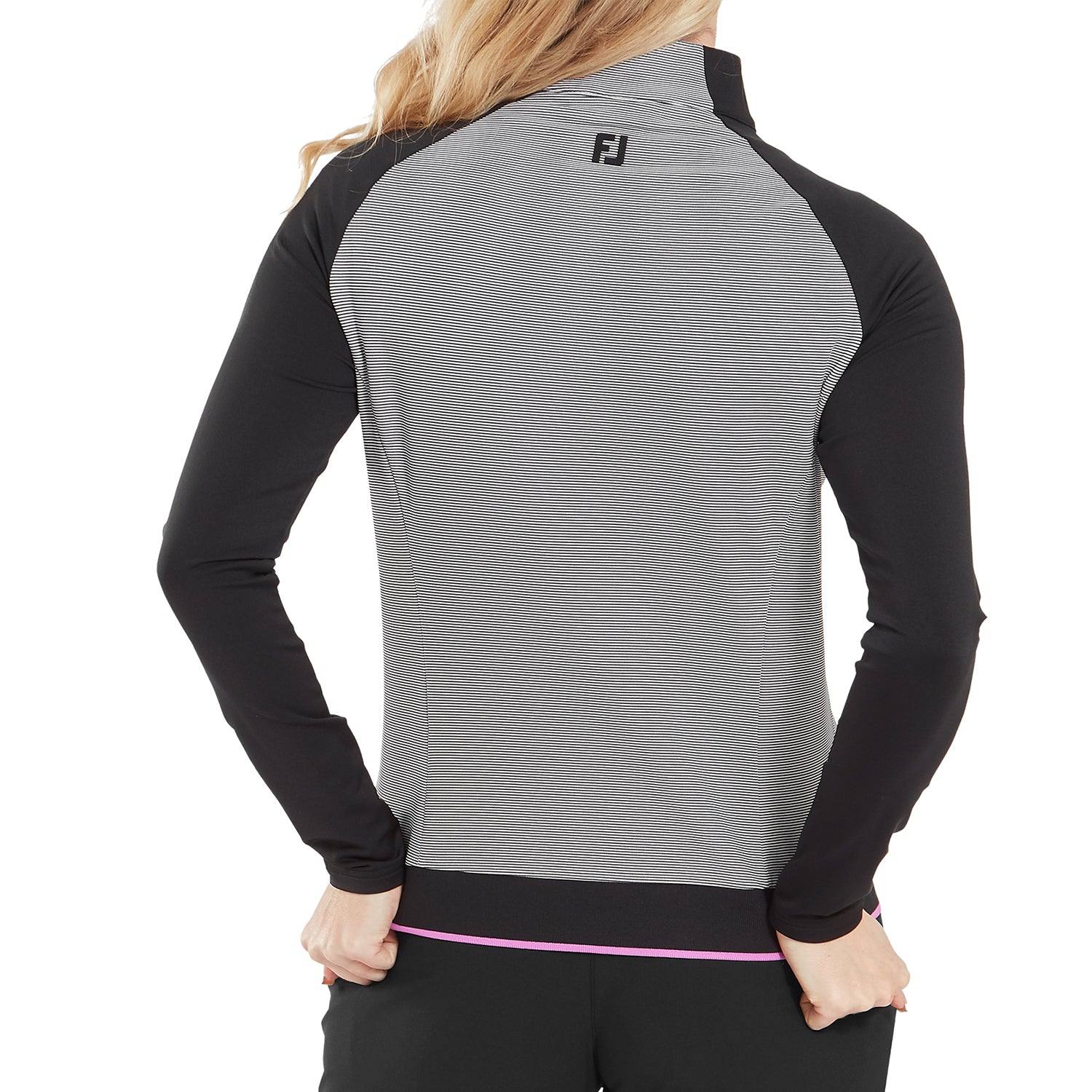 FootJoy Ladies Zip-Neck Top with Contrast Sleeves in Black & White Stripe