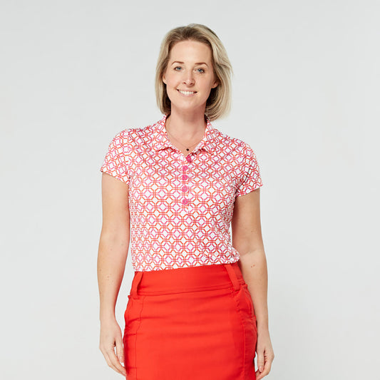 Swing Out Sister Ladies Cap Sleeve Polo in Lush Pink and Mandarin Mosaic Pattern