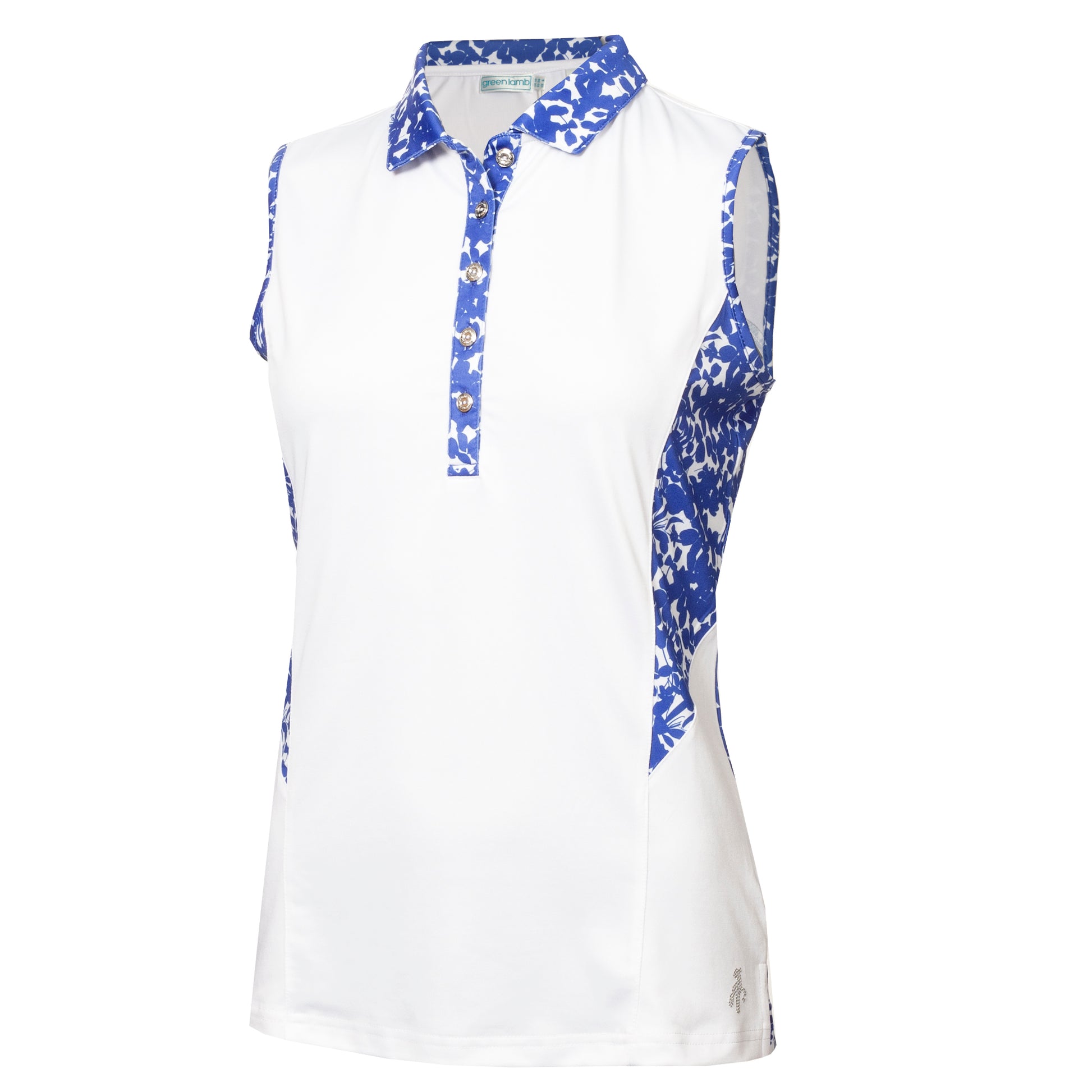 Green Lamb Ladies Sleeveless Polo Shirt with Contrasting Panels in White & Floral Print