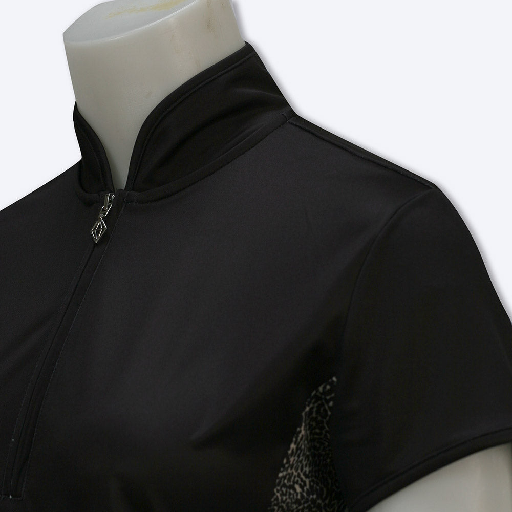 Pure Golf Ladies Black & Cheetah Cap Sleeve Polo Shirt
