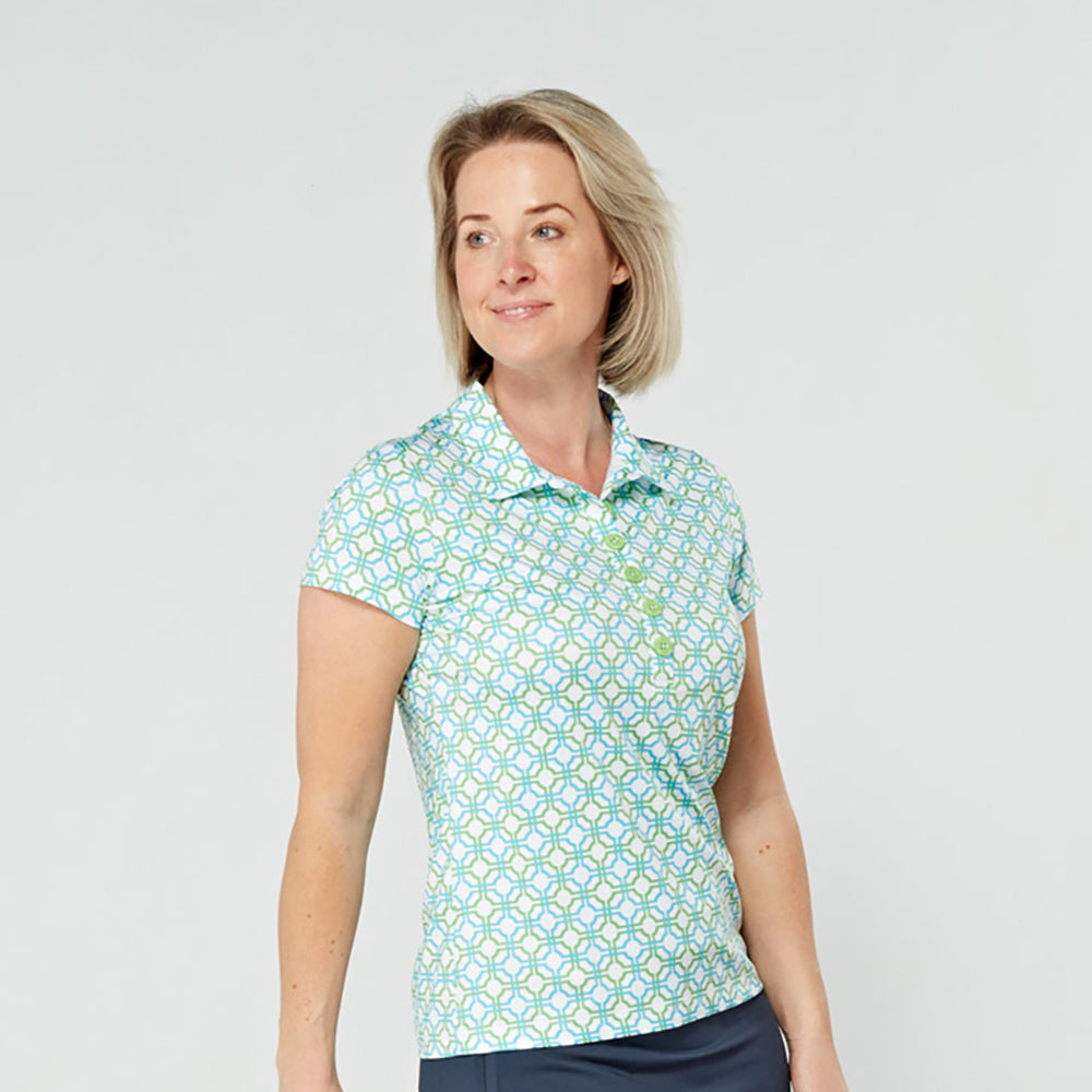 Swing Out Sister Ladies Cap Sleeve Polo in Dazzling Blue and Emerald Mosaic Pattern