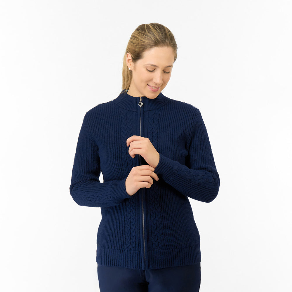 Pure Golf Ladies Cable Knit Lined Cardigan in Navy