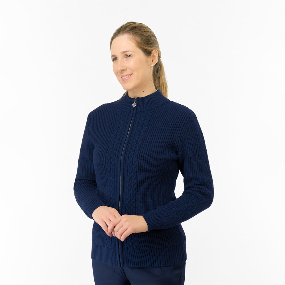 Pure Golf Ladies Cable Knit Lined Cardigan in Navy