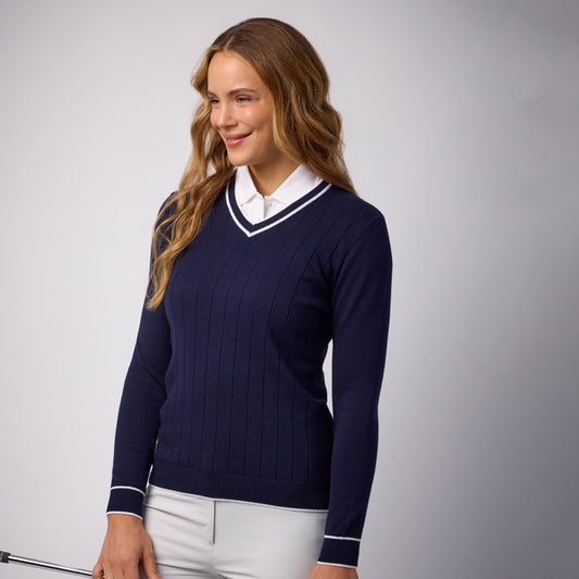 Glenmuir Ladies Refined Navy Vertical Ribbed Stitch Sweater