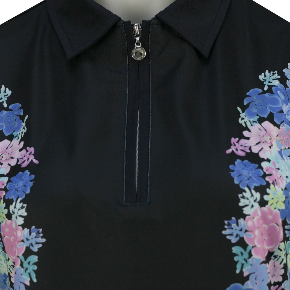 Daily Sports Ladies Short Sleeve Polo with Zip-Neck in Navy & Floral Print