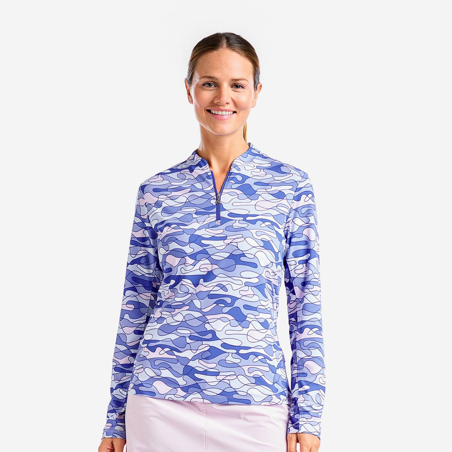 Nivo Ladies Long Sleeve Mock Collar Golf Top with Abstract Wave Print