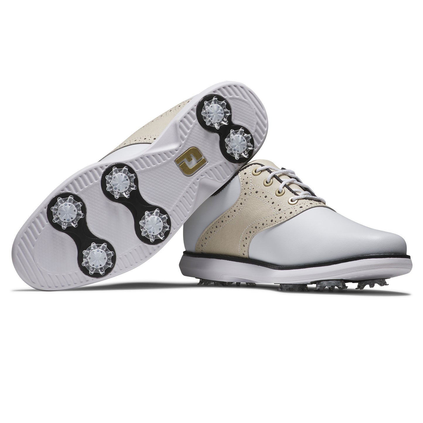 FootJoy Ladies Traditions Wide Fit Waterproof Golf Shoe in White & Tan with SoftSpikes