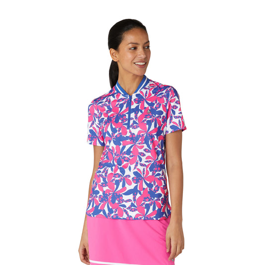Original Penguin Ladies Short Sleeve Floral Print Polo Shirt in Cheeky Pink