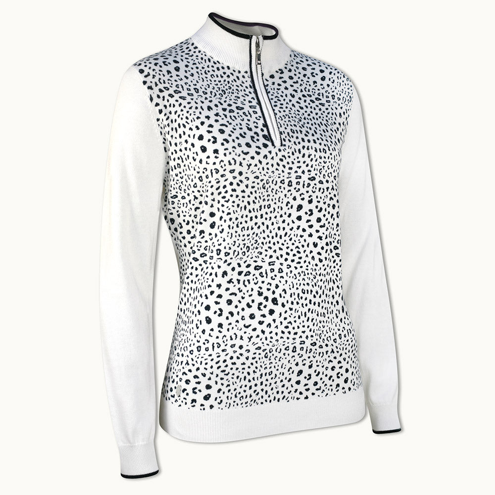 Glenmuir Ladies Long Sleeve Cotton Sweater with Animal Print Detail in White/Navy