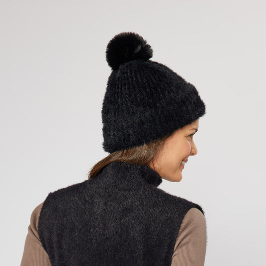 Swing Out Sister Ladies Fully Lined Faux Fur Bobble Hat in Black 