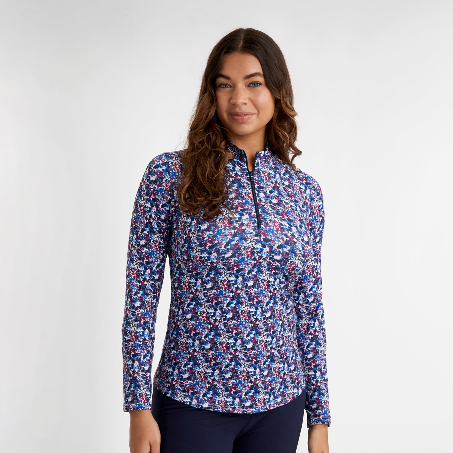 Green Lamb Ladies Soft-Stretch Ditsy Print 1/4 Zip Top