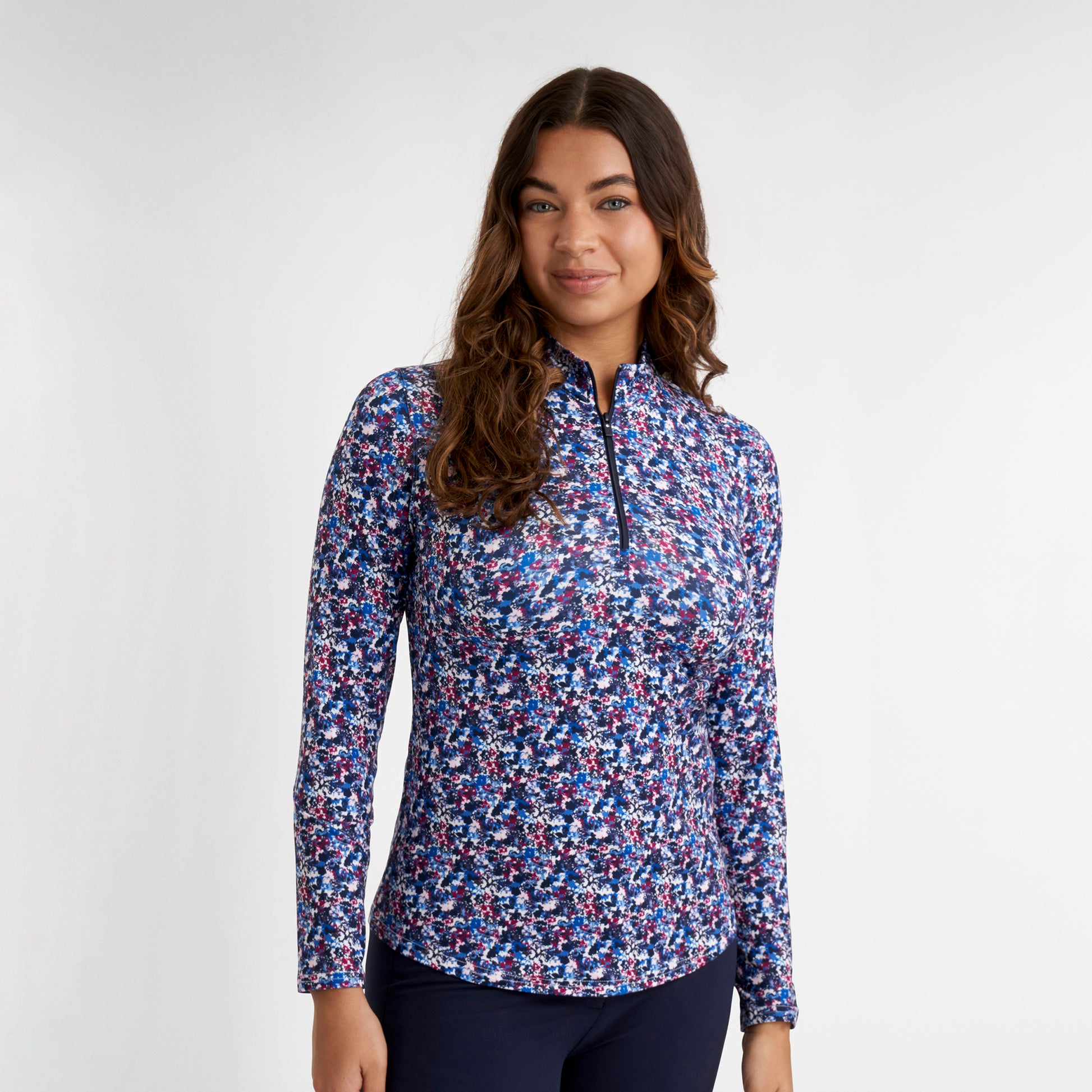 Green Lamb Ladies Soft-Stretch Ditsy Print 1/4 Zip Top