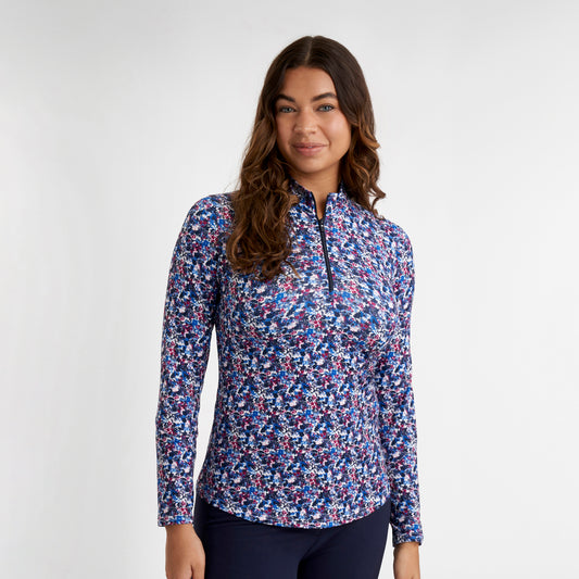 Green Lamb Ladies Soft-Stretch Ditsy Print 1/4 Zip Top