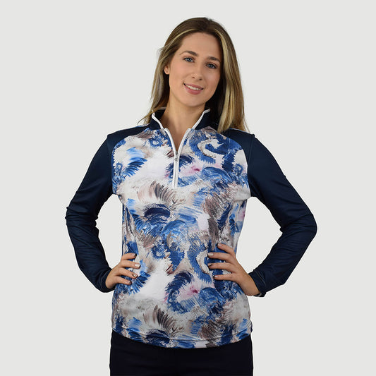 Pure Golf Ladies Long Sleeve Zip-Up Polo in Navy Stone Canvas