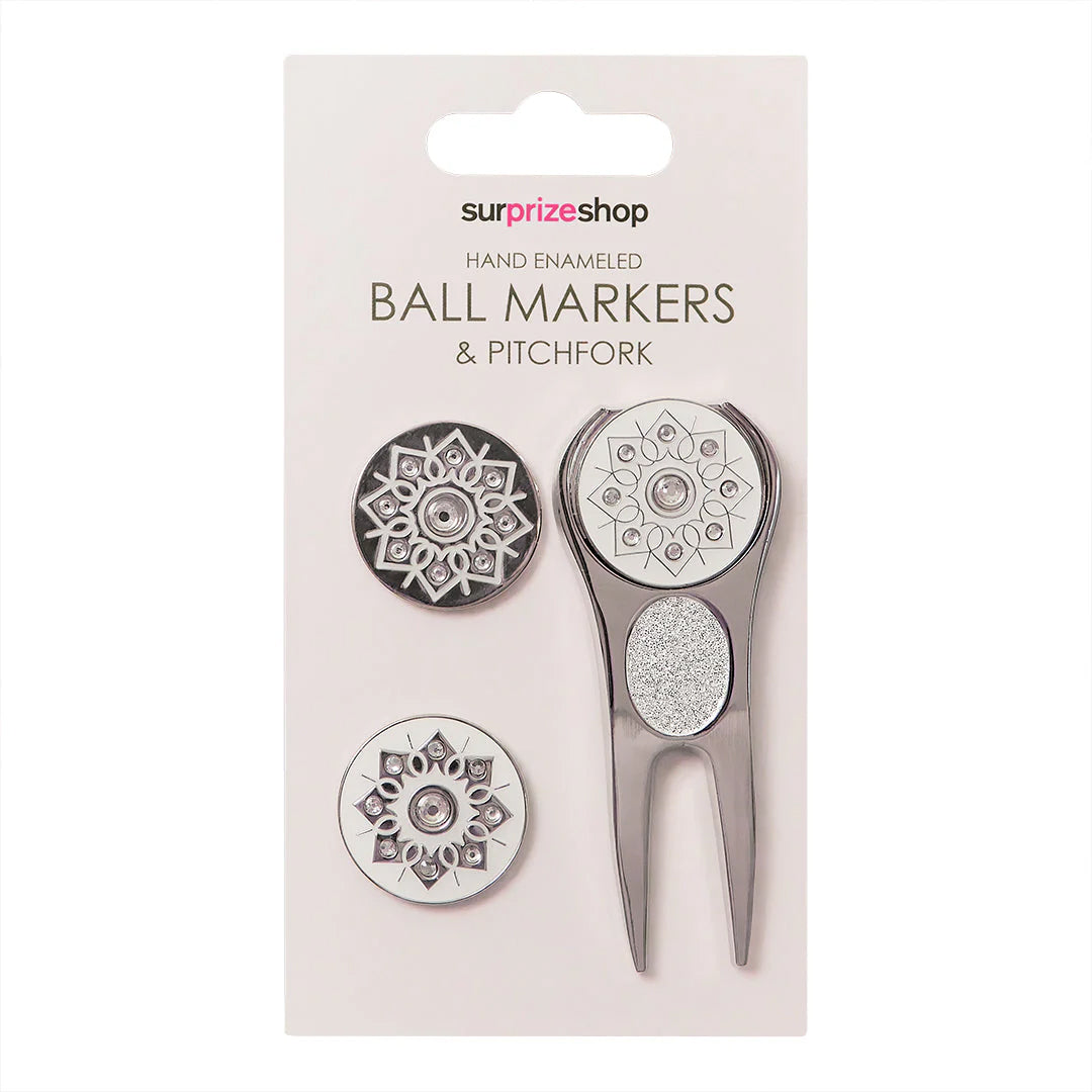 Surprizeshop Silver Golf Ball Marker and Pitchfork Set