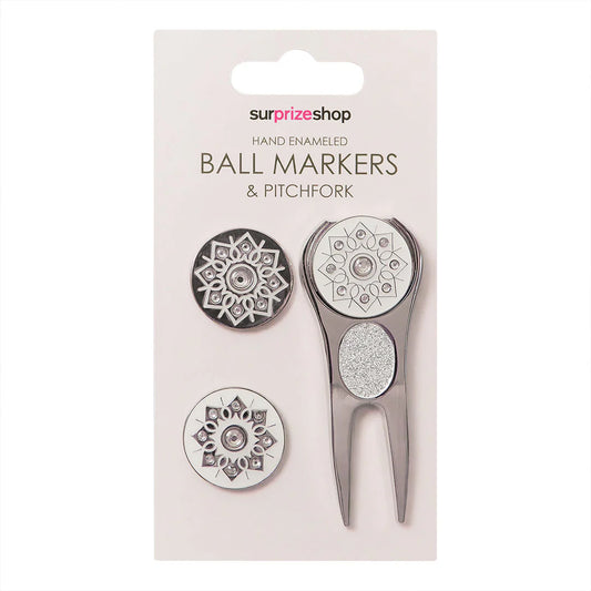 Surprizeshop Silver Golf Ball Marker and Pitchfork Set
