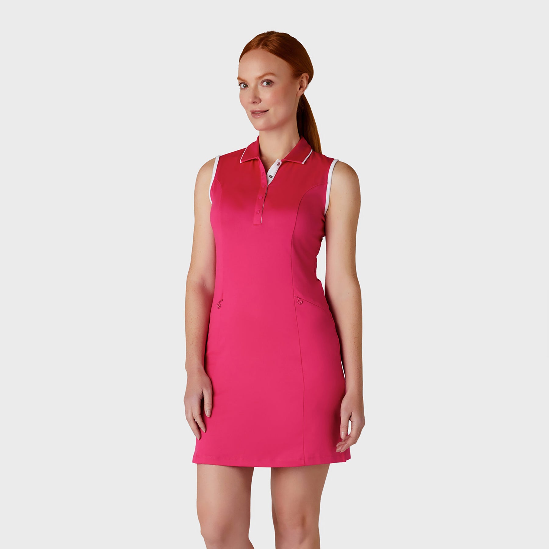 Callaway Ladies Sleeveless Pink Peacock Golf Dress with White Contrast Trim