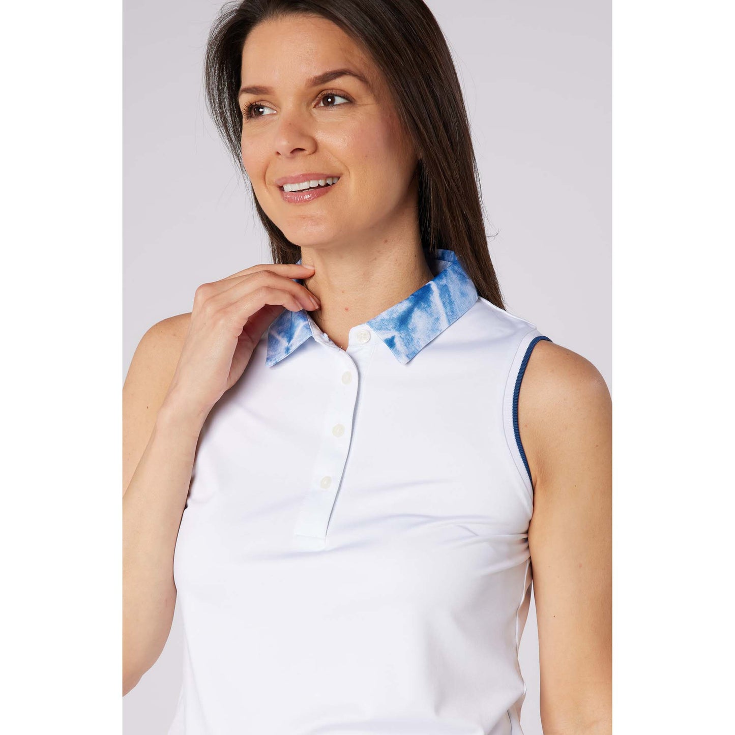 Swing Out Sister Ladies Sleeveless Polo with Subtle Print Accents for Effortless Everyday Style