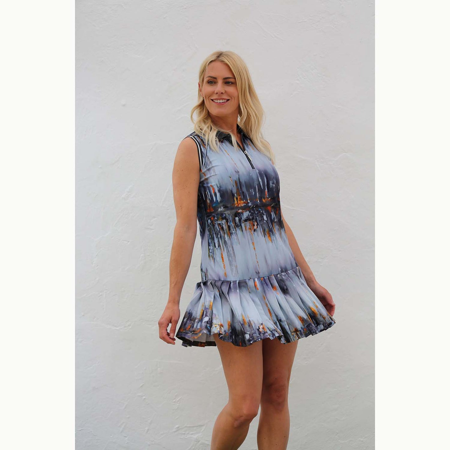 FAMARA Ladies Pleated Dress in Abstract Dockland Print in Docklands