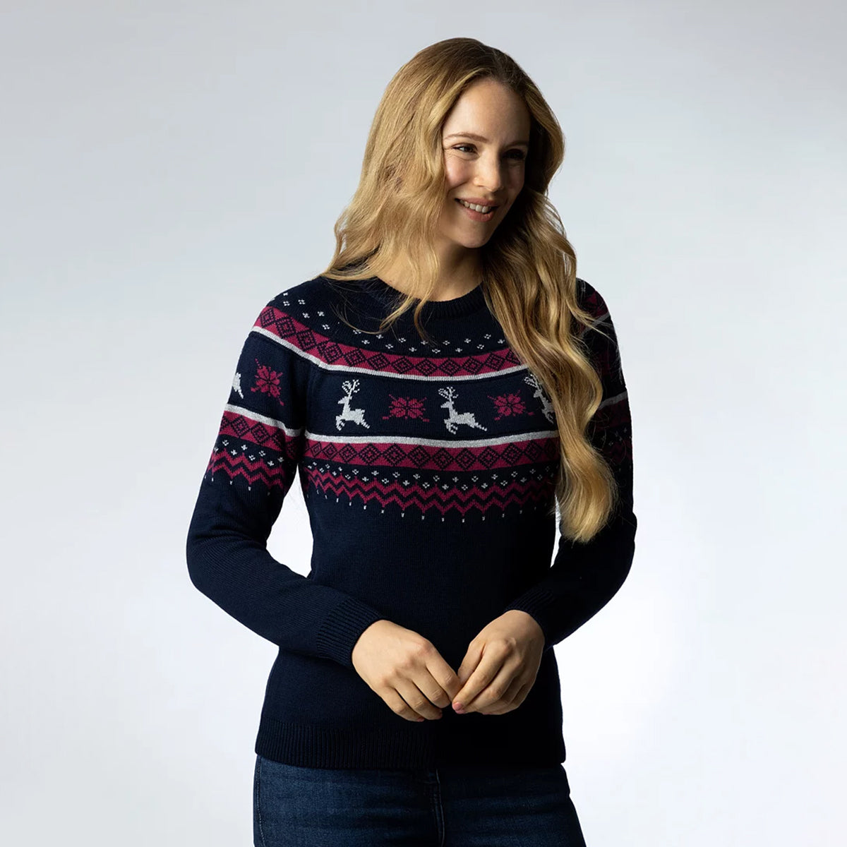 Glenmuir Ladies Merino Blend Festive Reindeer Sweater in Navy