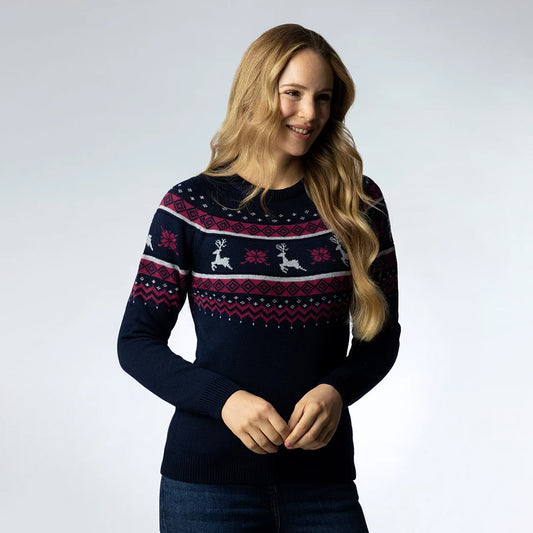 Glenmuir Ladies Merino Blend Festive Reindeer Sweater in Navy