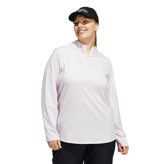 adidas Ladies Plus Size Long Sleeve Golf Polo with Mesh Panels in Almost Pink