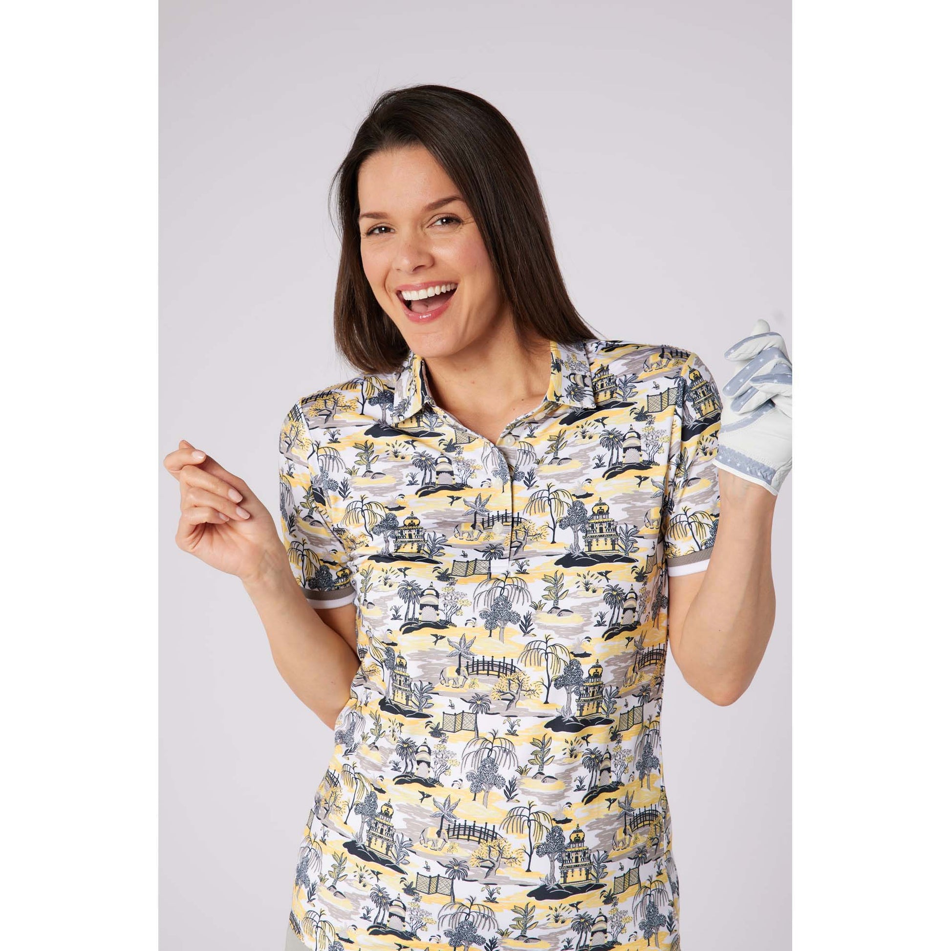 Swing Out Sister Ladies Ultra-Soft Short Sleeve Polo with Head Turning Print for All Day Style & Comfort