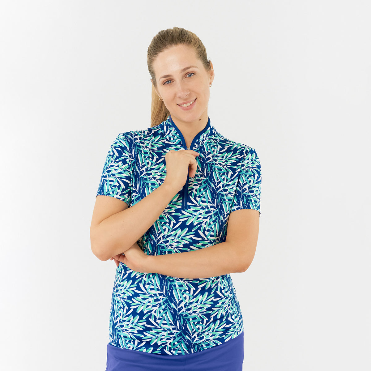 Pure Ladies Short Sleeve Polo in Palm Print Design