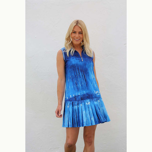 FAMARA Ladies Pleated Dress in Abstract Harbourside Print in Blue Lagoon
