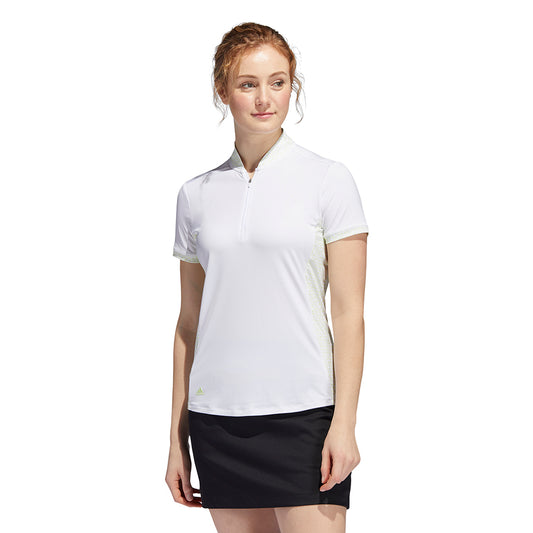 adidas Ladies Geo Printed Short Sleeve Golf Polo in White & Pulse Lime