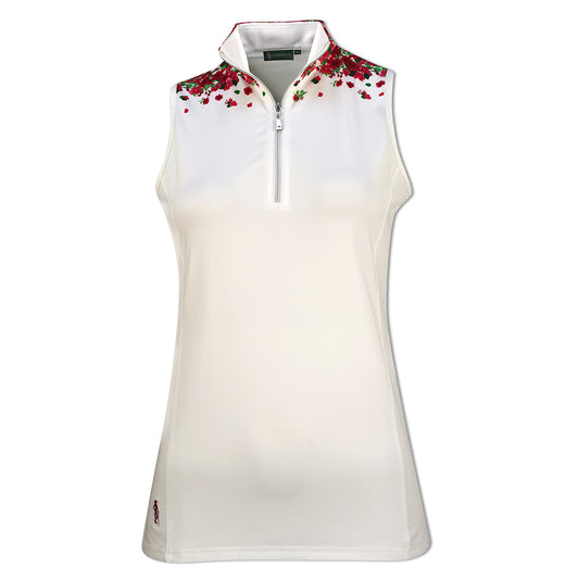 Glenmuir Ladies Sleeveless Zip-Neck Polo with SPF50+ in White & Magenta Floral Print