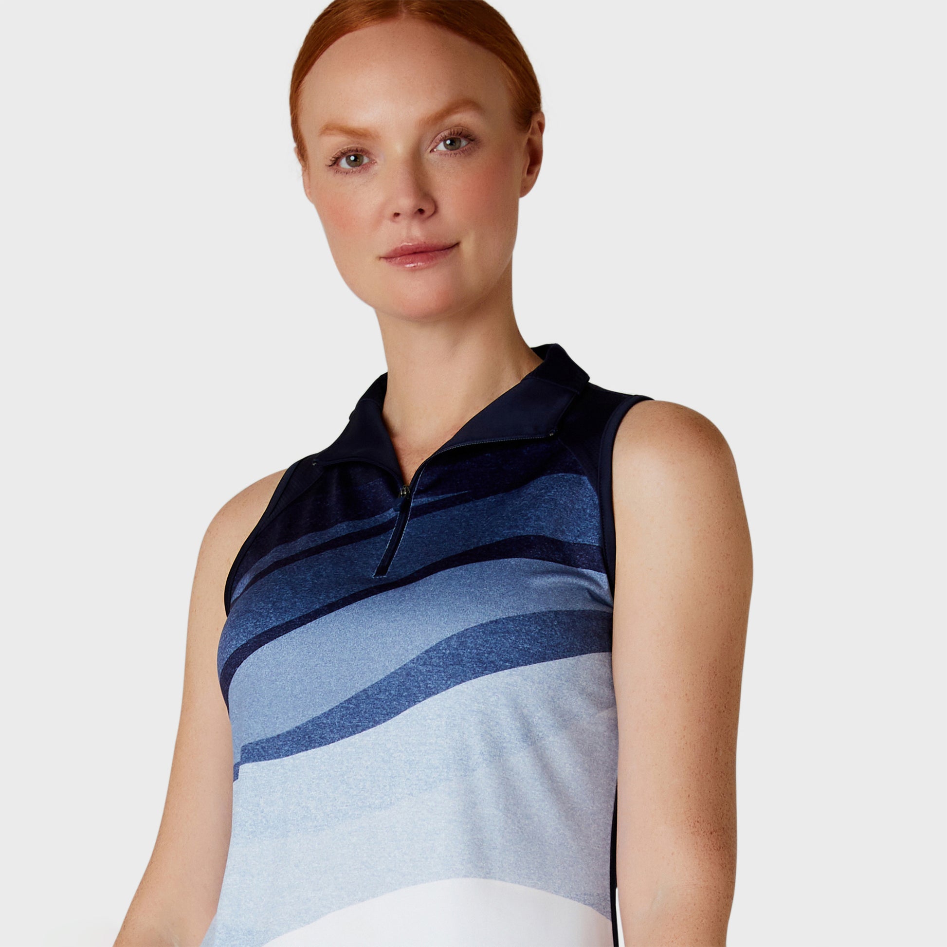 Callaway Ladies Peacoat Blue Gradient Wave Sleeveless Golf Polo with Zip Neck