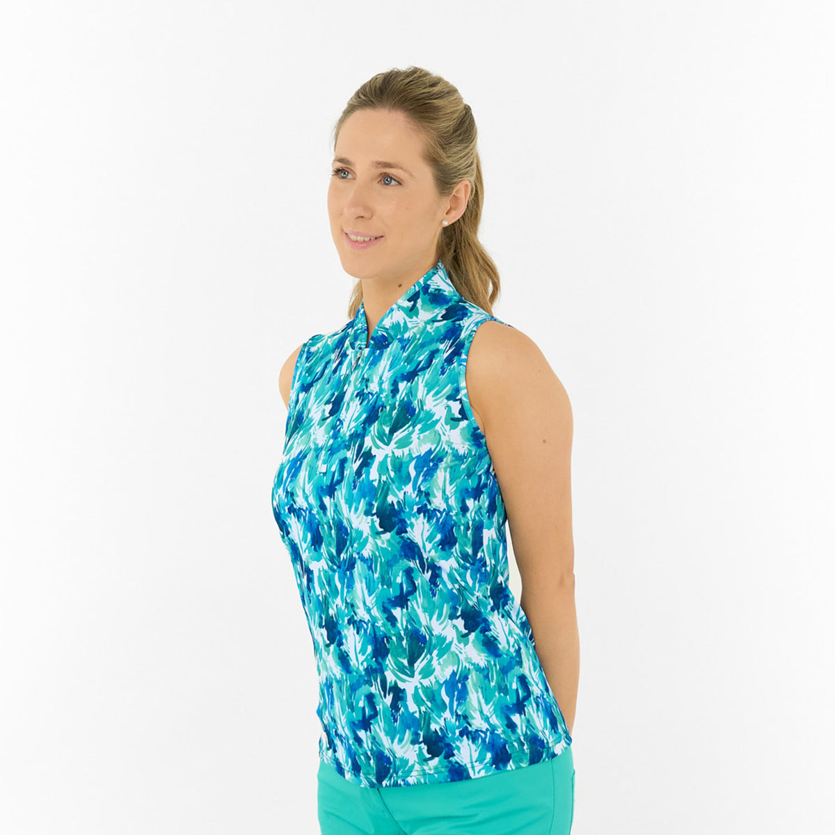  Pure Golf Ladies Sleeveless Polo in Abstract Botanical Print 