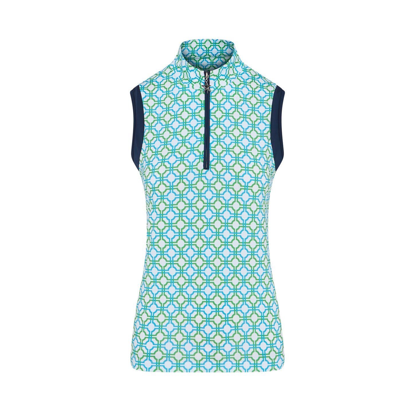 Swing Out Sister Ladies Sleeveless Zip-Neck Polo in Dazzling Blue and Emerald Mosaic Pattern