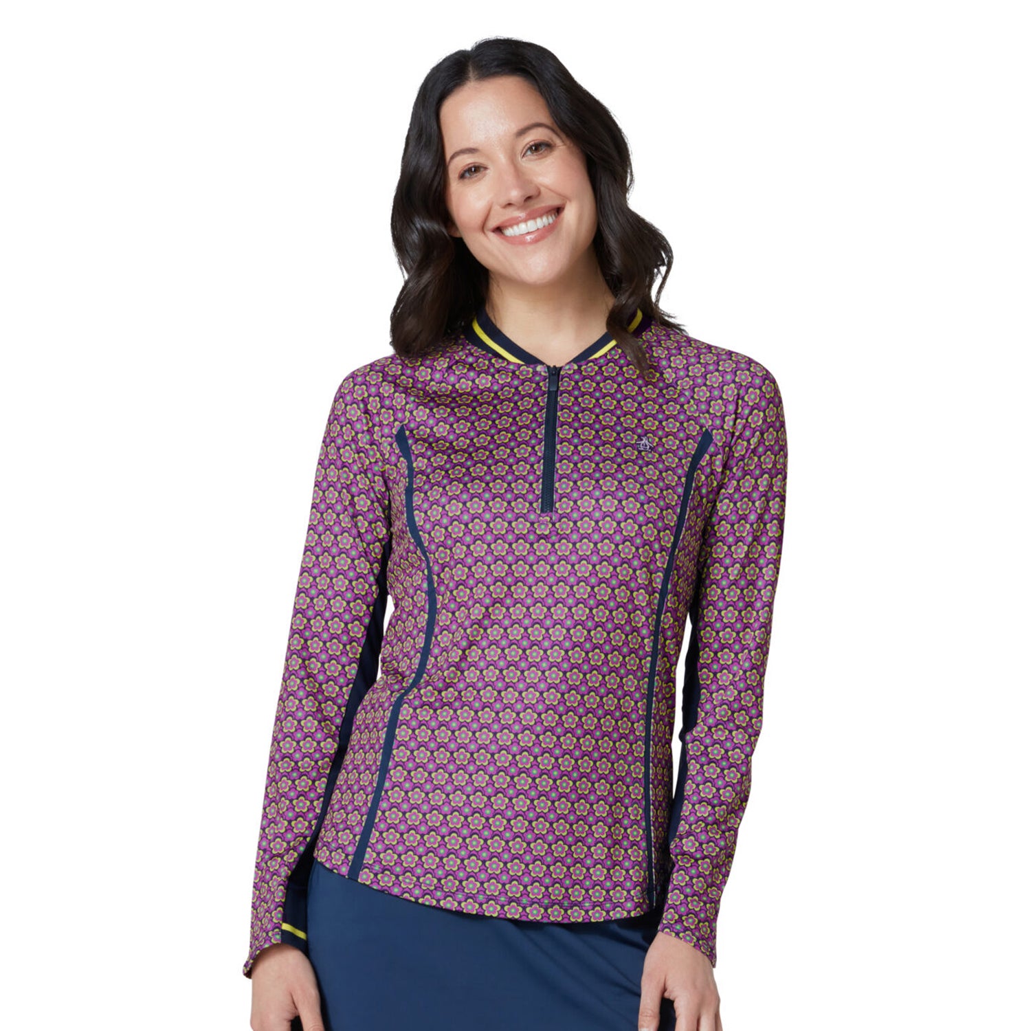 Original Penguin Women's Zip-Neck Navy Floral Print Golf Top