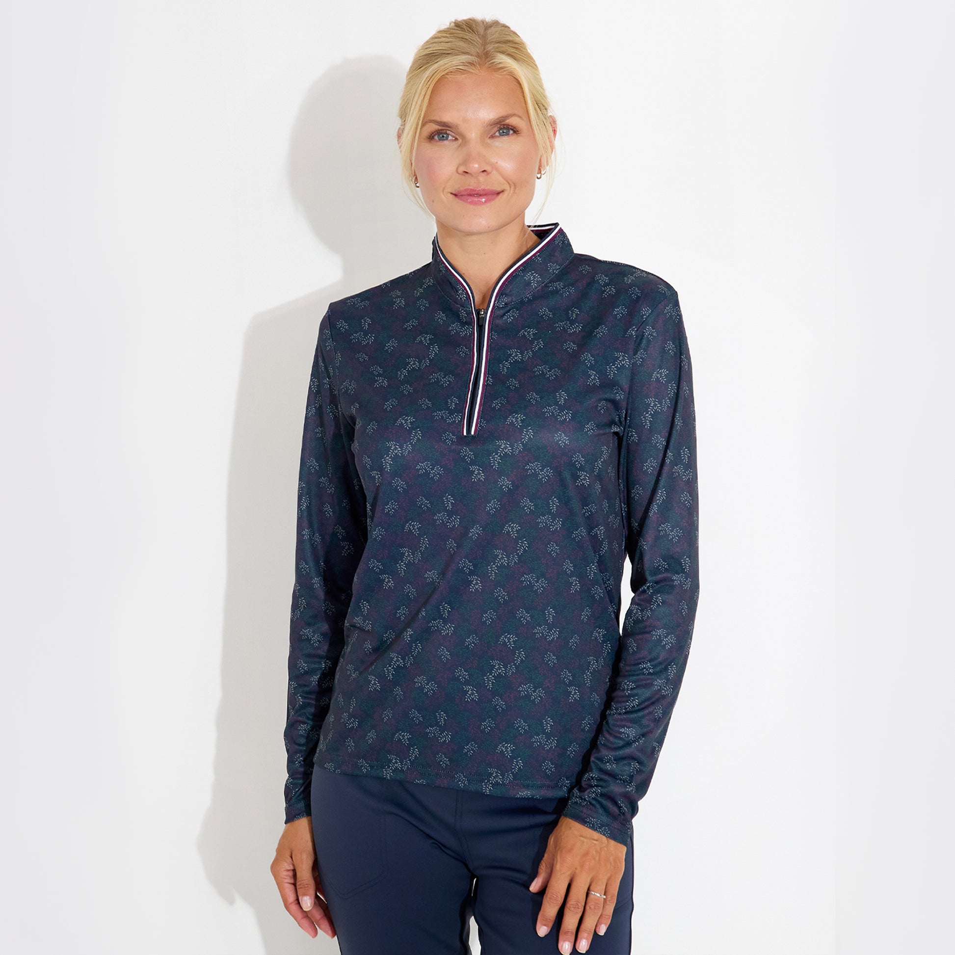 Abacus Ladies Zip-Neck Top with Delicate Leaf Print for Effortless Style & Comfort with Every Swing