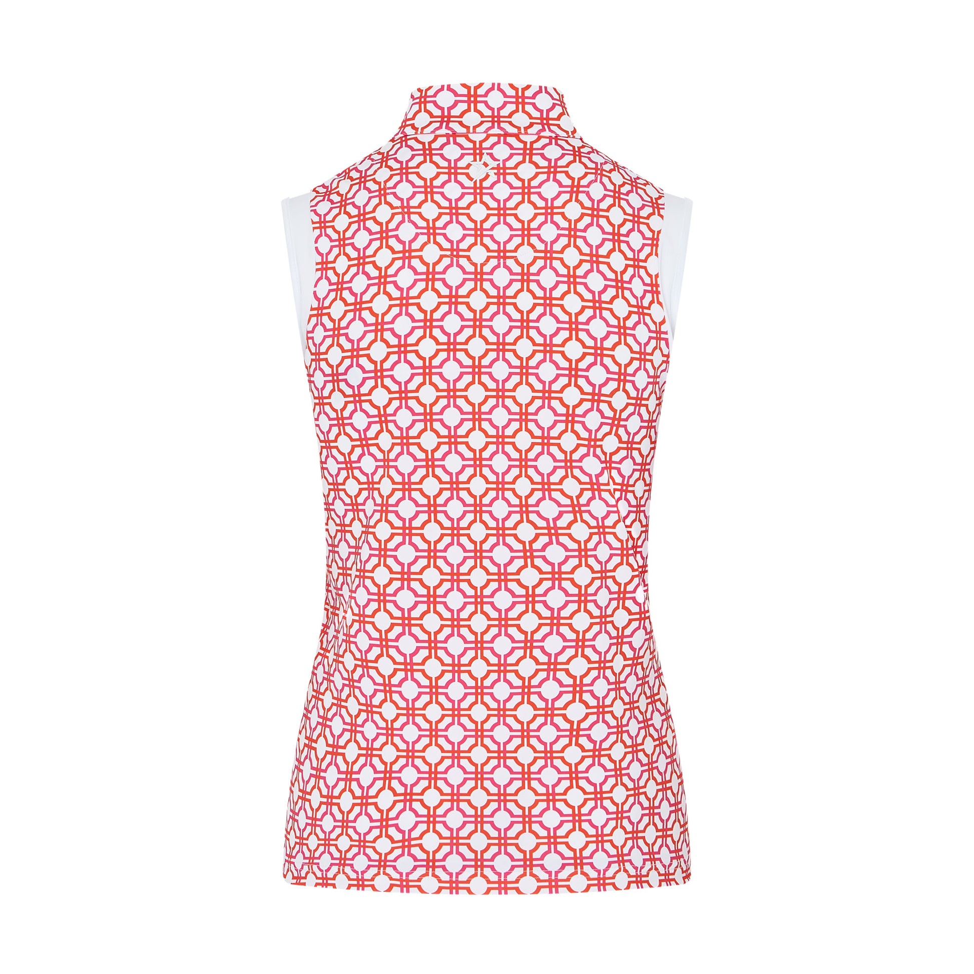 Swing Out Sister Sleeveless Zip-Neck Polo in Lush Pink and Mandarin Mosaic Print