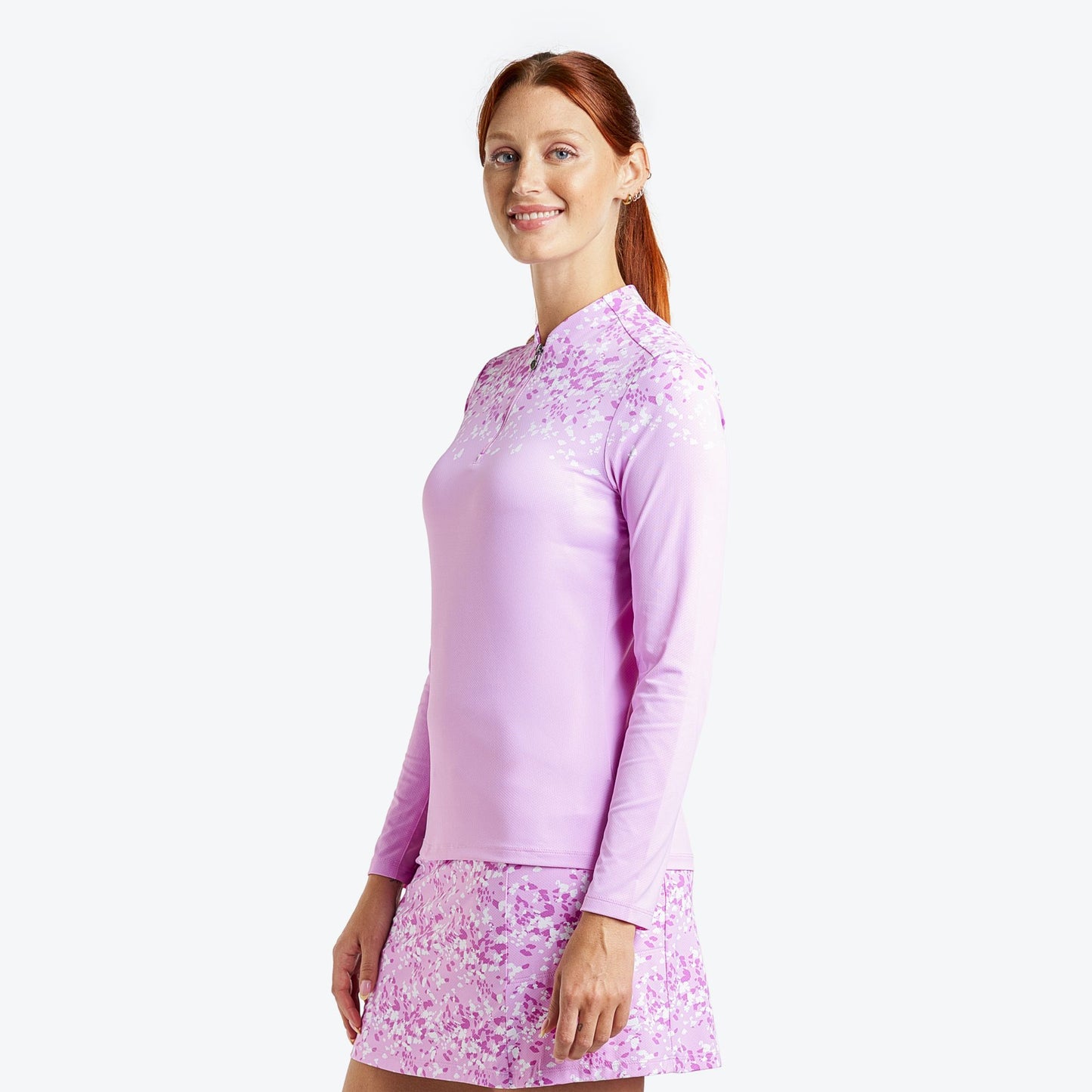Nivo Ladies Long Sleeve Polo in Bubble Gum Abstract Floral Print