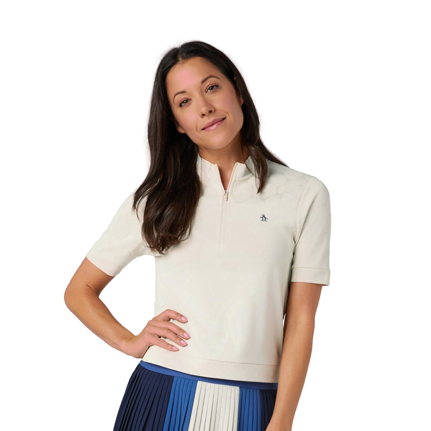 Original Penguin Ladies Zip Neck Polo with Laser Cut Floral Design