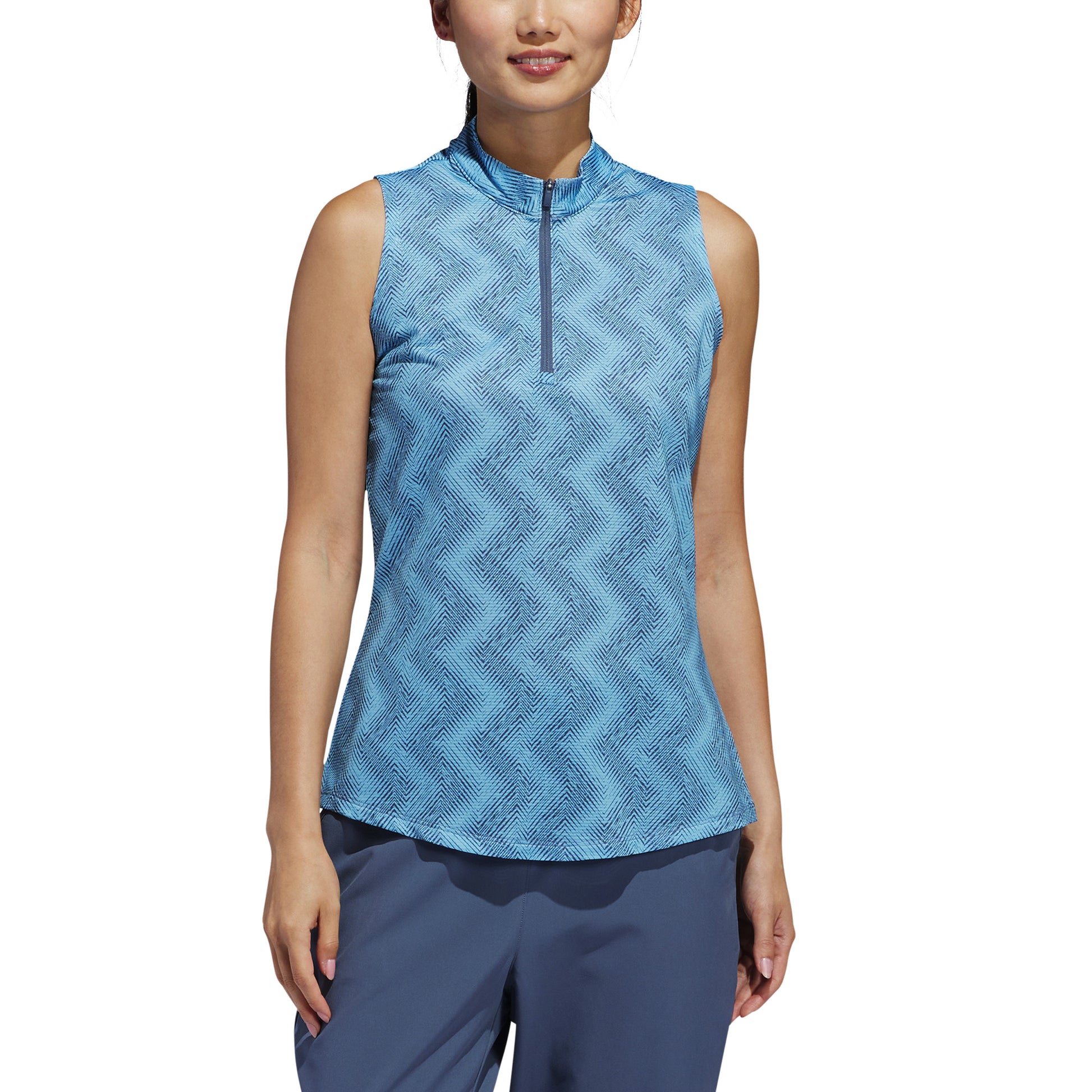 adidas Ladies Sleeveless Golf Polo with Abstract Zig-Zag Print in Semi Blue Burst