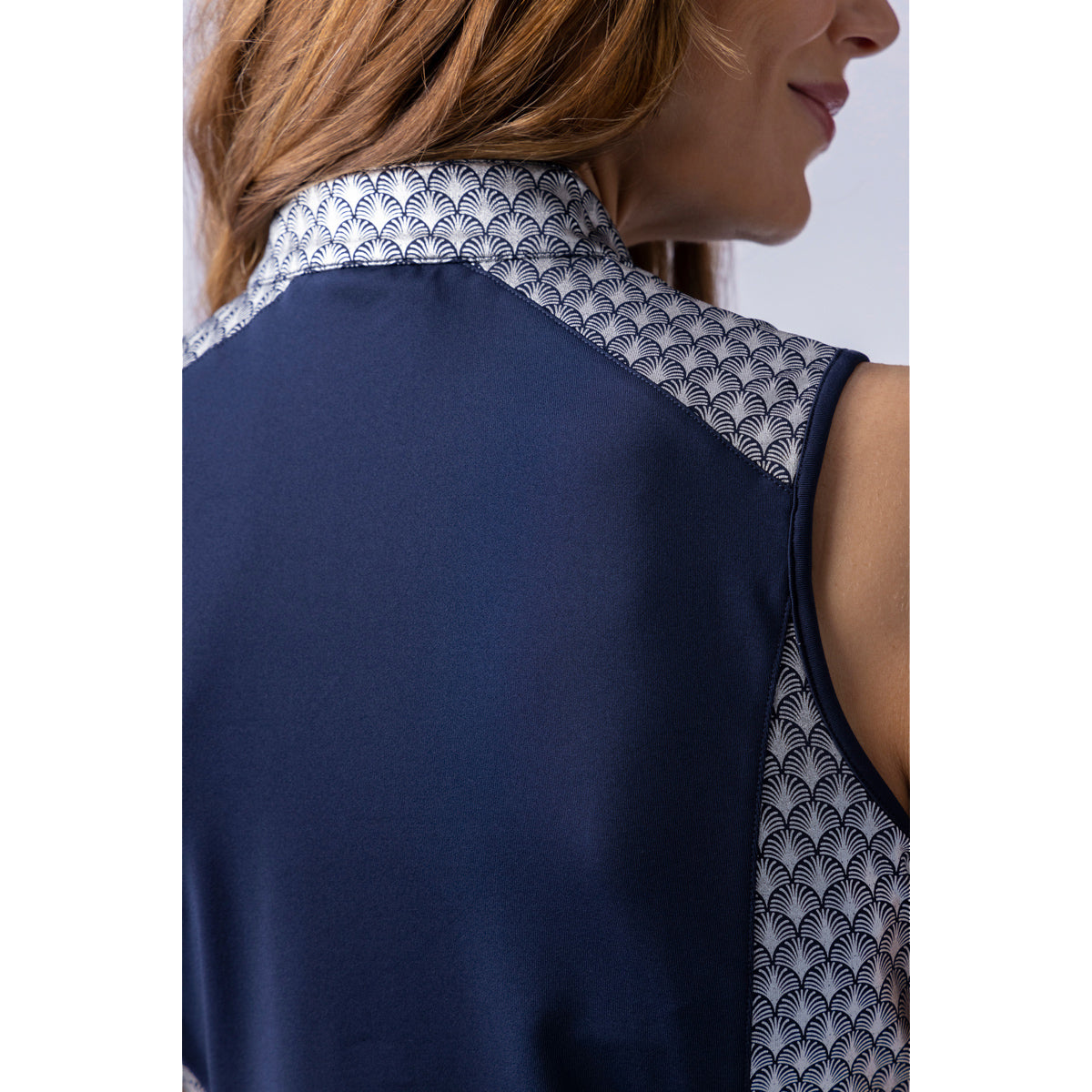 Glenmuir Ladies Sleeveless Polo with Contrast Fan Print Panels in Navy Blue & Silver Foil
