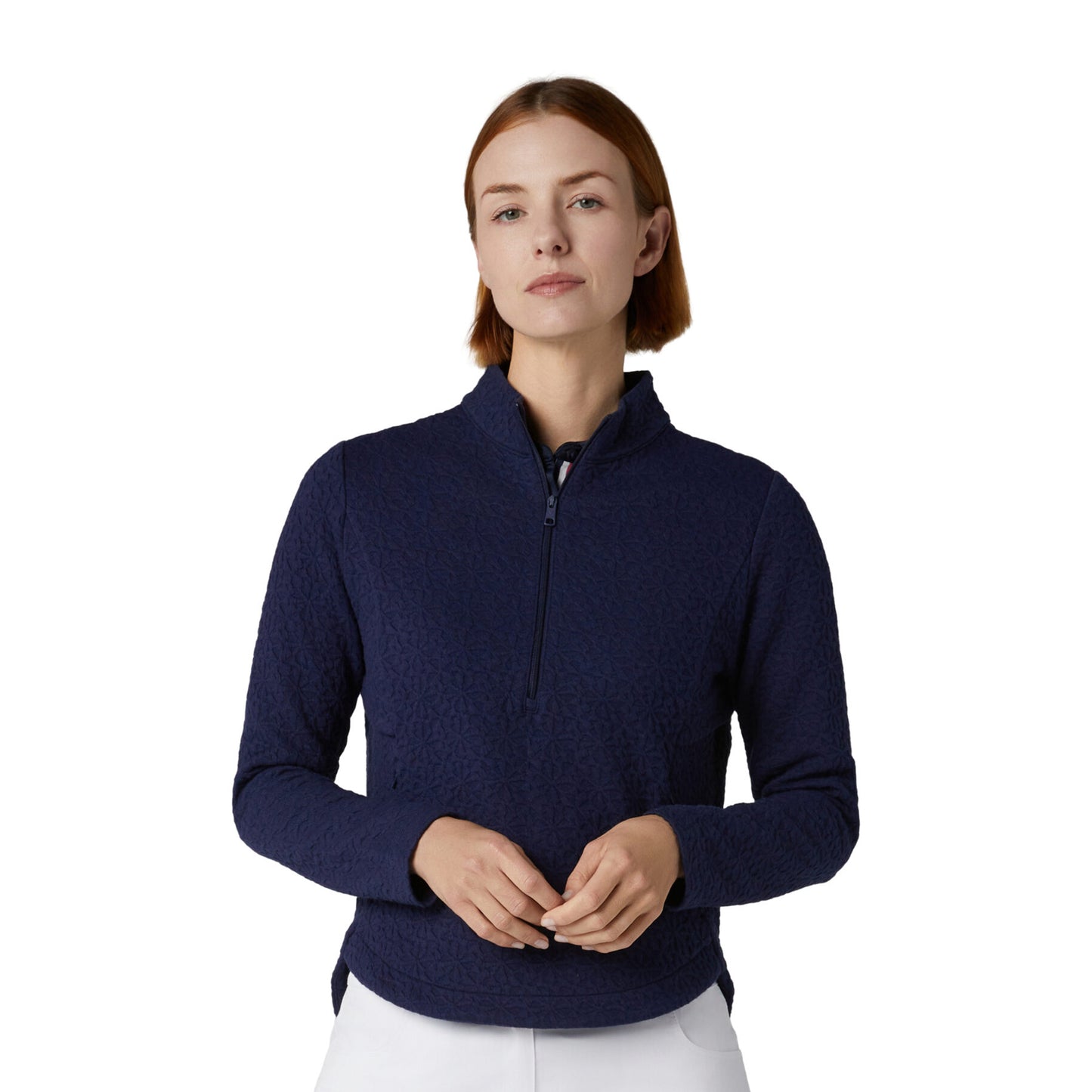 Callaway Ladies Golf Textured Floral Zip-Neck Top in Navy