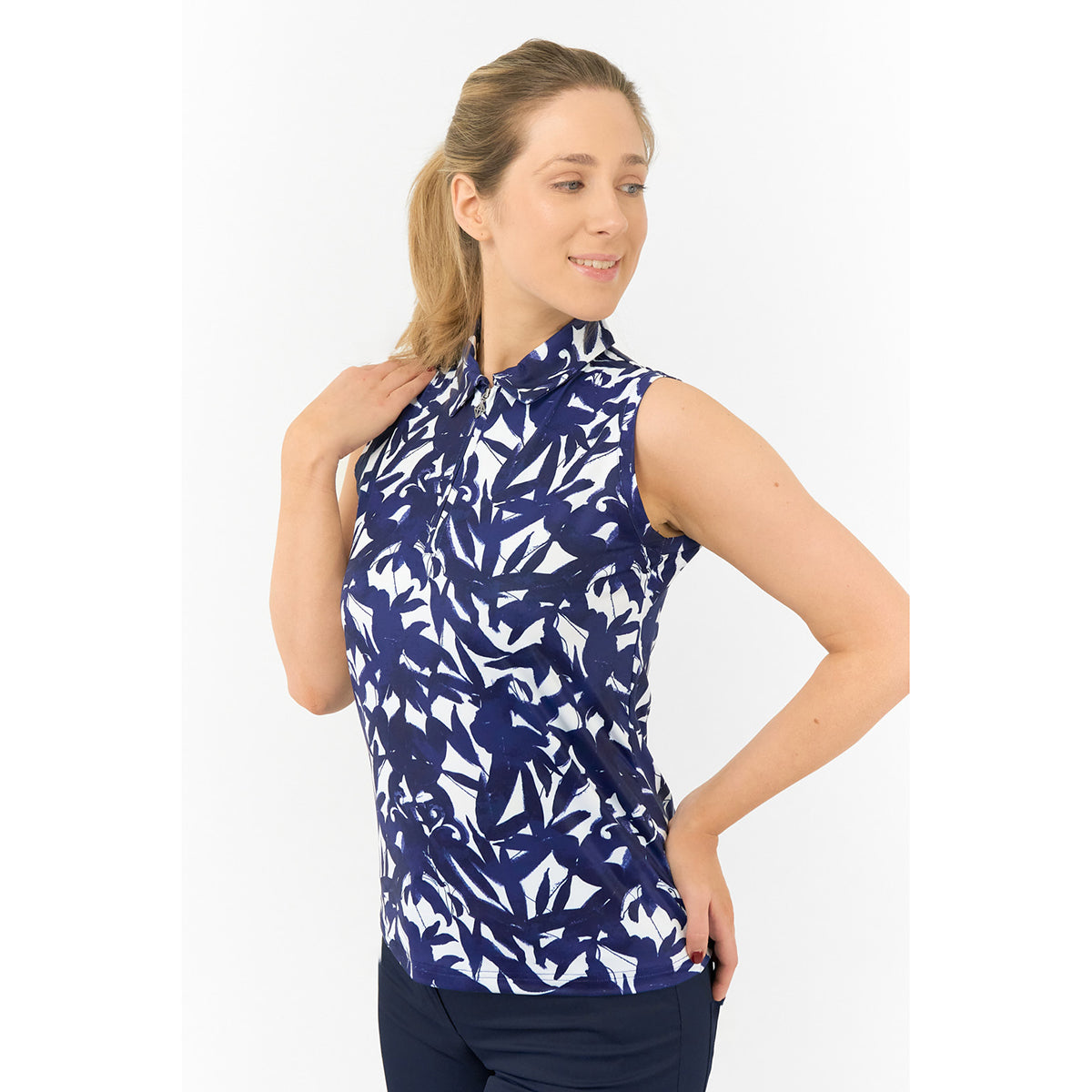 Pure Golf Ladies Sleeveless Polo with Botanical Navy Print