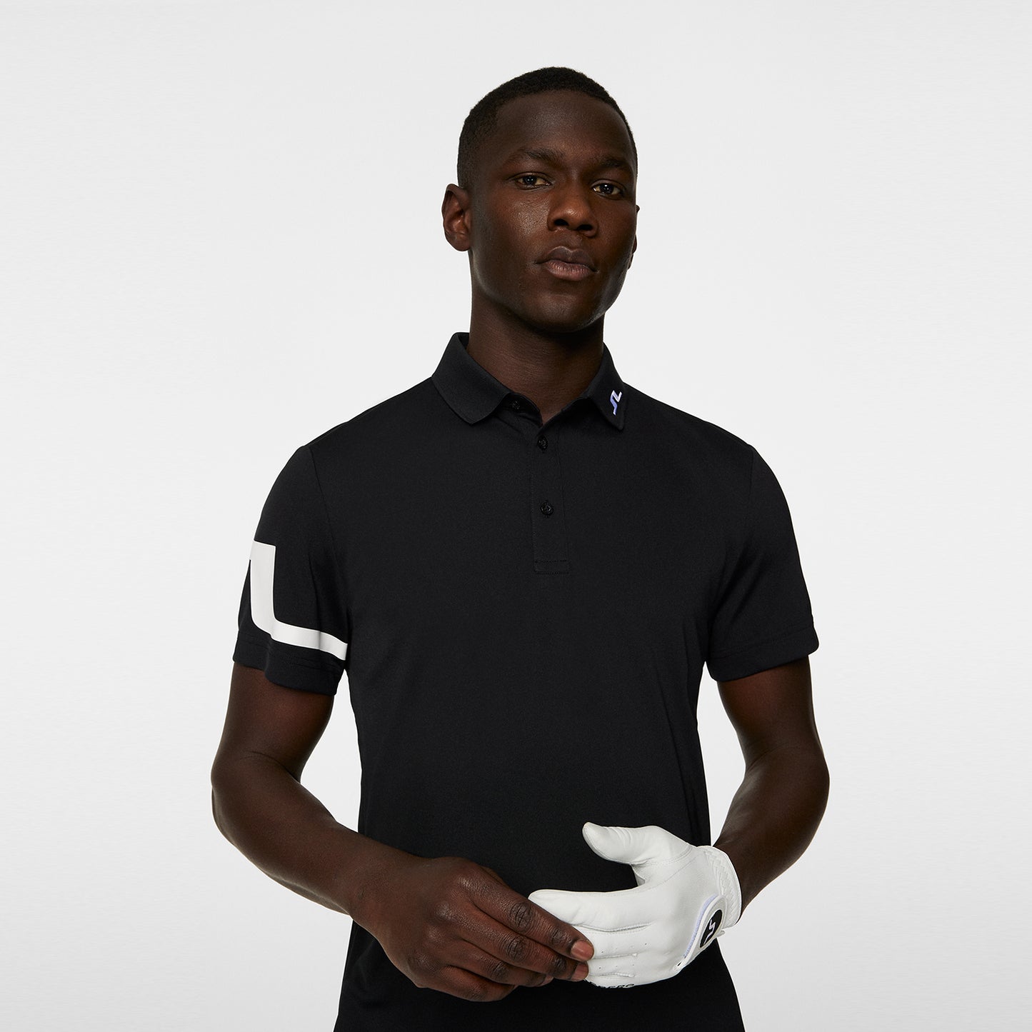 J.Lindeberg Mens Short Sleeve Polo with Bridge Print Sleeve in Black