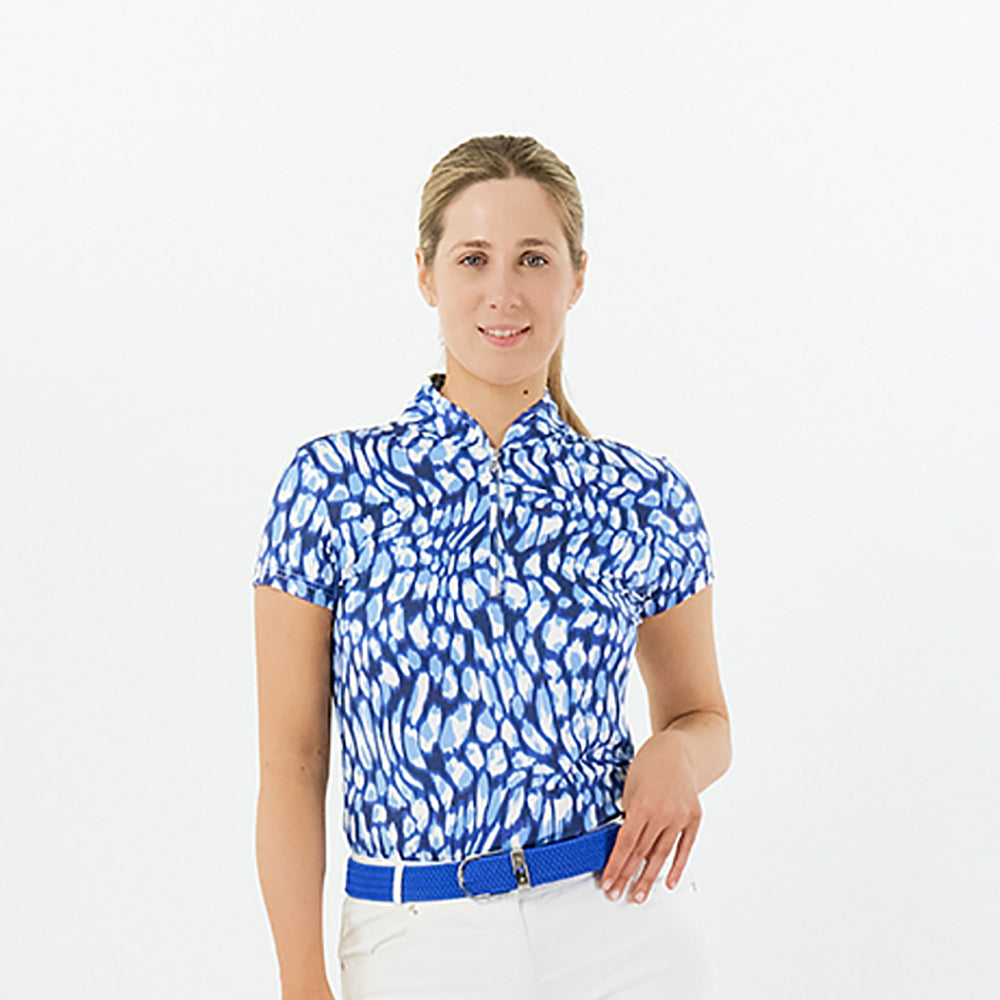 Pure Golf Ladies Cap Sleeve Zip Neck Top in Leopard Lake Print